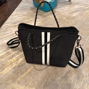 HAUTE SHORE Black Tote with White Center Stripes